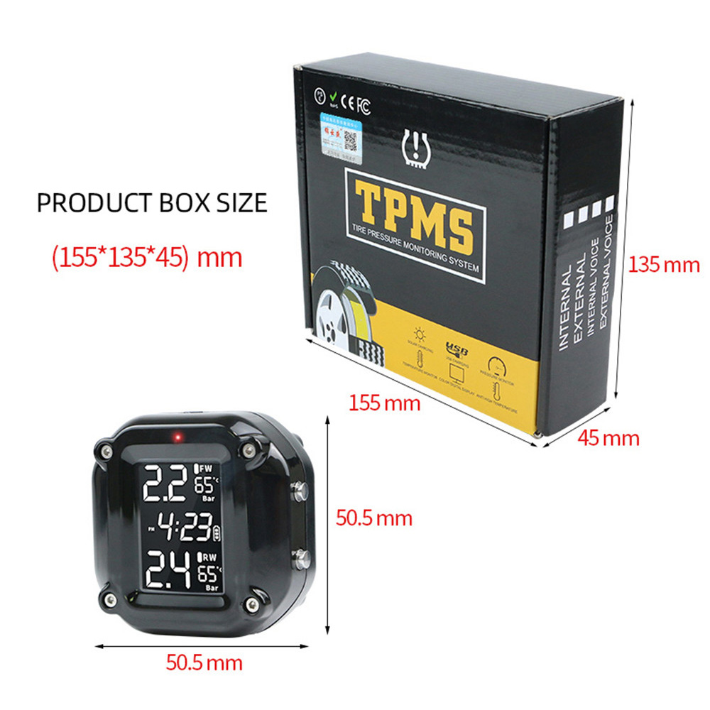 Motorcycle TPMS - LCD Display - 2 External Sensors - Waterproof - Battery Operated