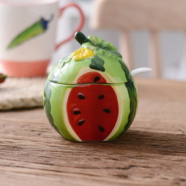 Cute Fruit Pomegranate Shape Condiment Bottle Ceramic Seasoning Bottle Jar with Cover Spoon Flavouring Container: Watermelon-R
