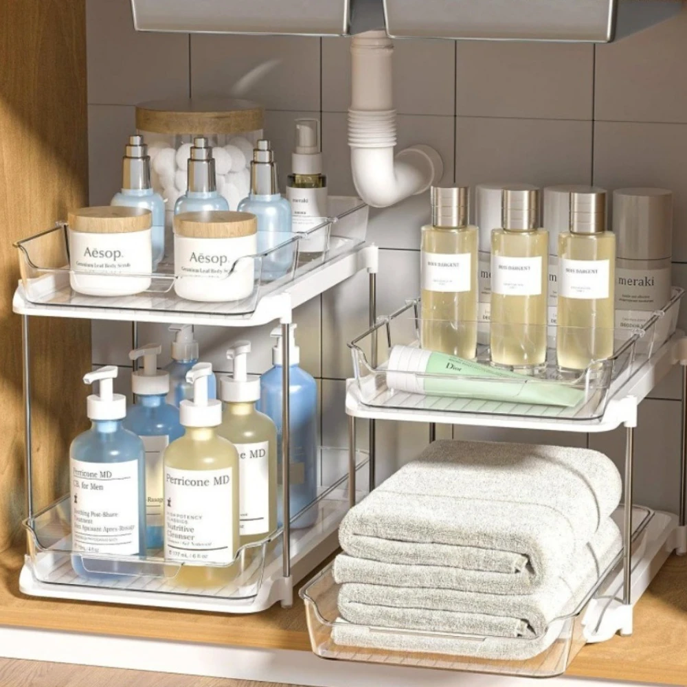 Double Layered Storage Rack Under Kitchen Sink Space Saving Bathroom Multi-layer Sliding Storage Shelf MultiFunctional Shelves