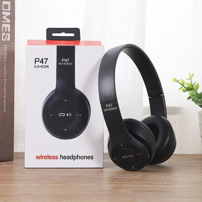 P47 Wireless Headphones Bluetooth 5.0 Earphones Foldable Bass Helmet Support TF-Card For All Phone PC PS4 With Mic Headsets: Black