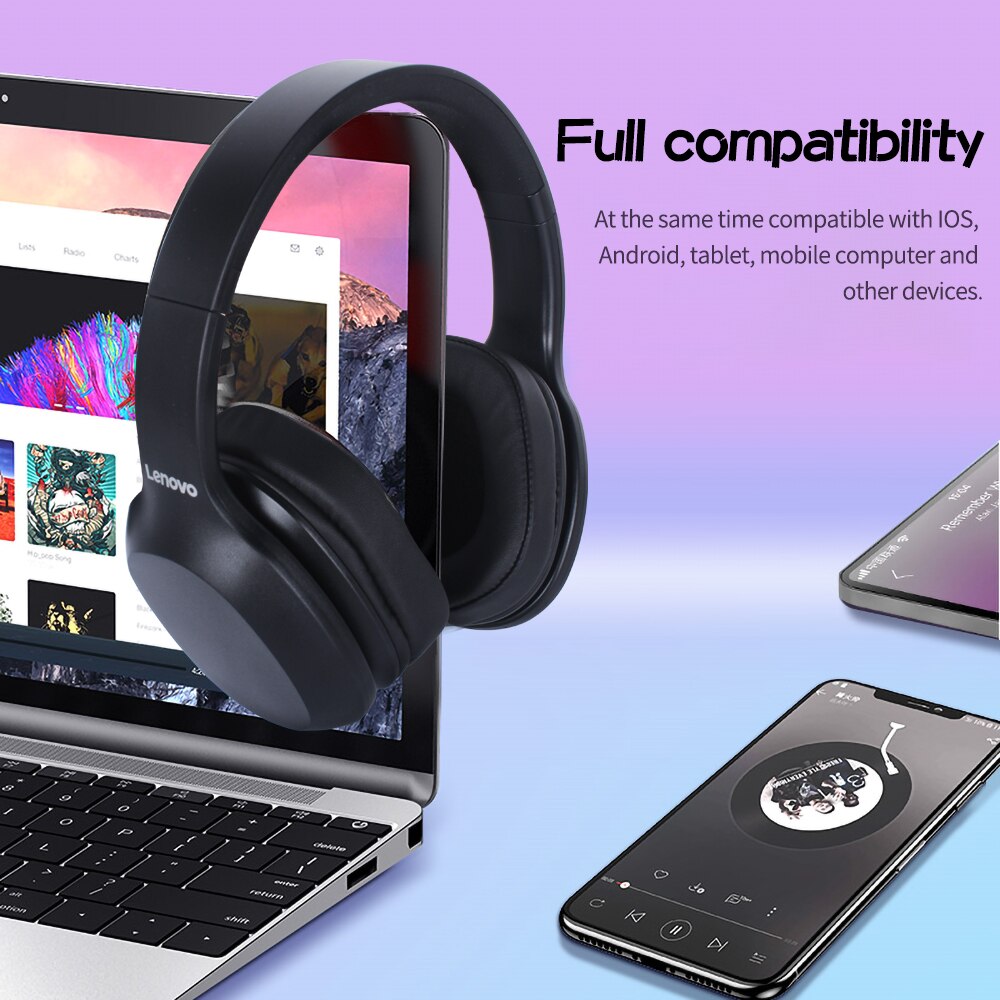 Lenovo Draadloze Hoofdtelefoon Bluetooth 5.0 Multi-Modus Stereo Headset Met Microfoon 300Mah Batterij 3.5Mm Jack Voor Pc laptop Telefoon