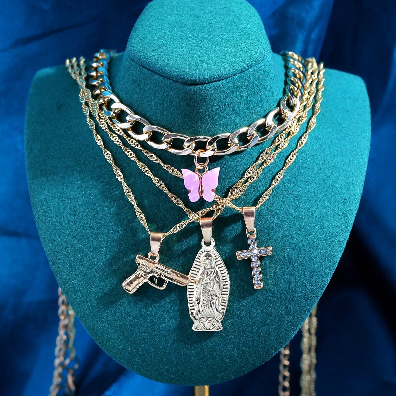 Collares de cristal multicapa con de mariposa y dragón para mujer, cadena de clavícula con letras de Ángel dorado Punk, joyería para de hip hop, novedad: Chapado en platino