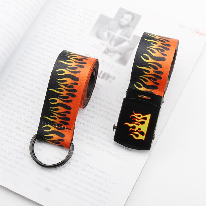 Ceinture Imprimé Flamme Coton/métal - Longueur Réglable - Style Punk, Streetwear - Lot De 2 - 8
