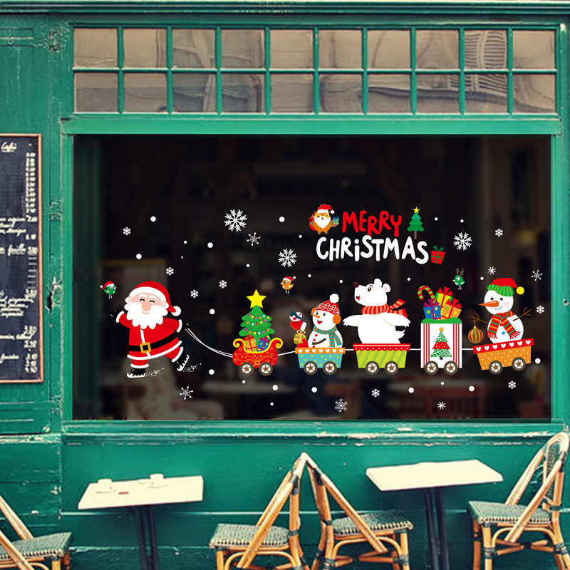 Kerstman trekt de trein Kerst Muursticker voor Glas raam woondecoratie Muurschildering Decals behang Nieuw Jaar stickers