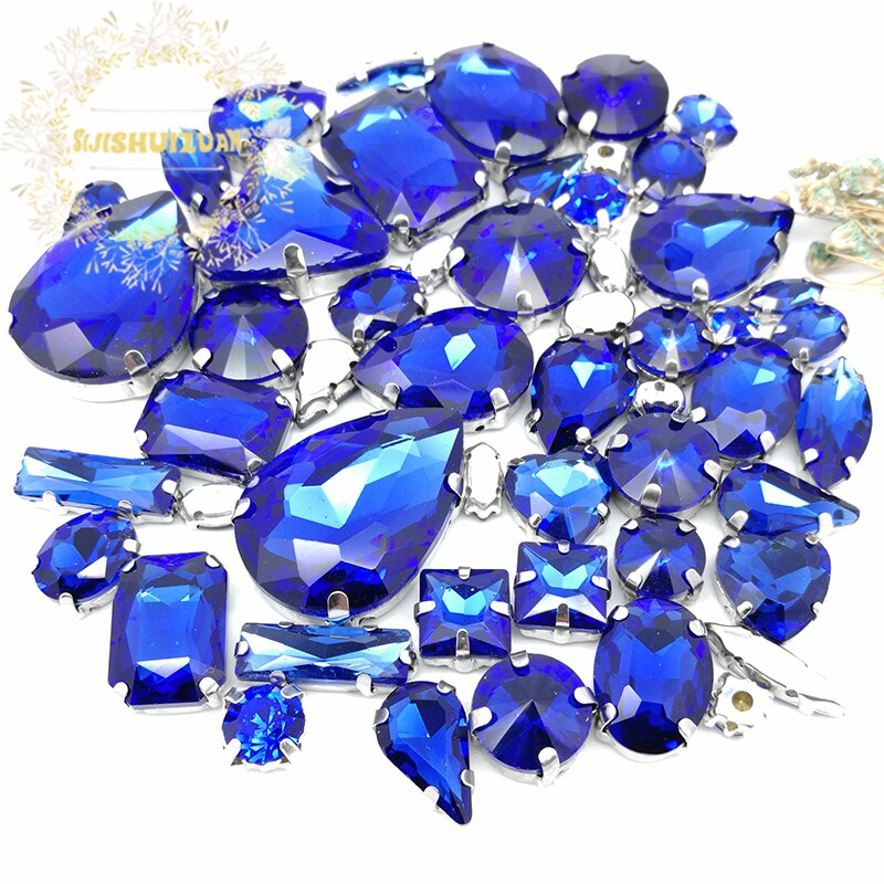 58 stks 10 vormen 25 maten Mix Sapphire blue vorm en maten Glas Crystal rhinestones zilverkleurige bodem DIY Kleding accessoires