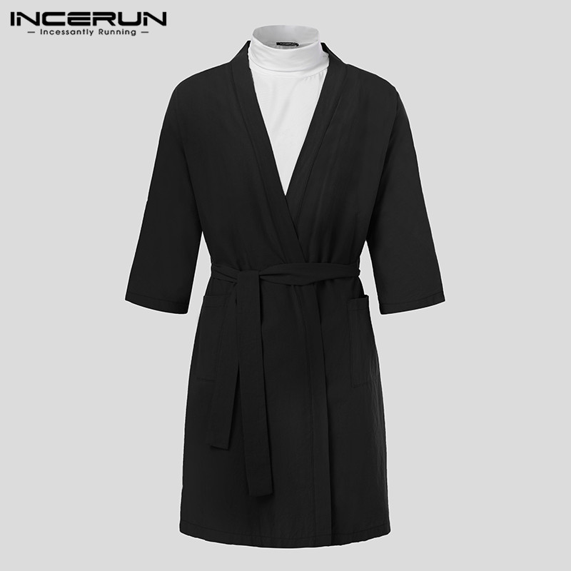 Incerun herre badekåper hjemmeklær bomull lin snøring v-hals 3/4 -ermet vintage kimono badekåper lommer nattøy herre nattkjole: Svart / Xxl