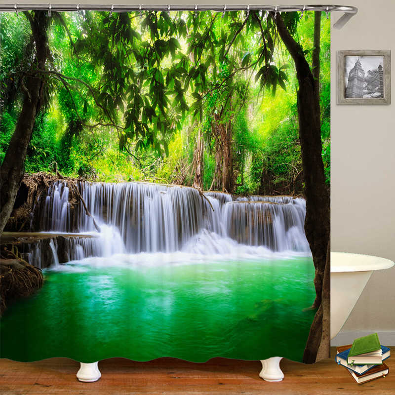 Forest Tree Waterfall Flannel Non-Slip Bath Mat Toilet Cover Rugs Shower Curtain With 12 Hooks Green Bathroom Decor Set: Curtain (180x180cm)
