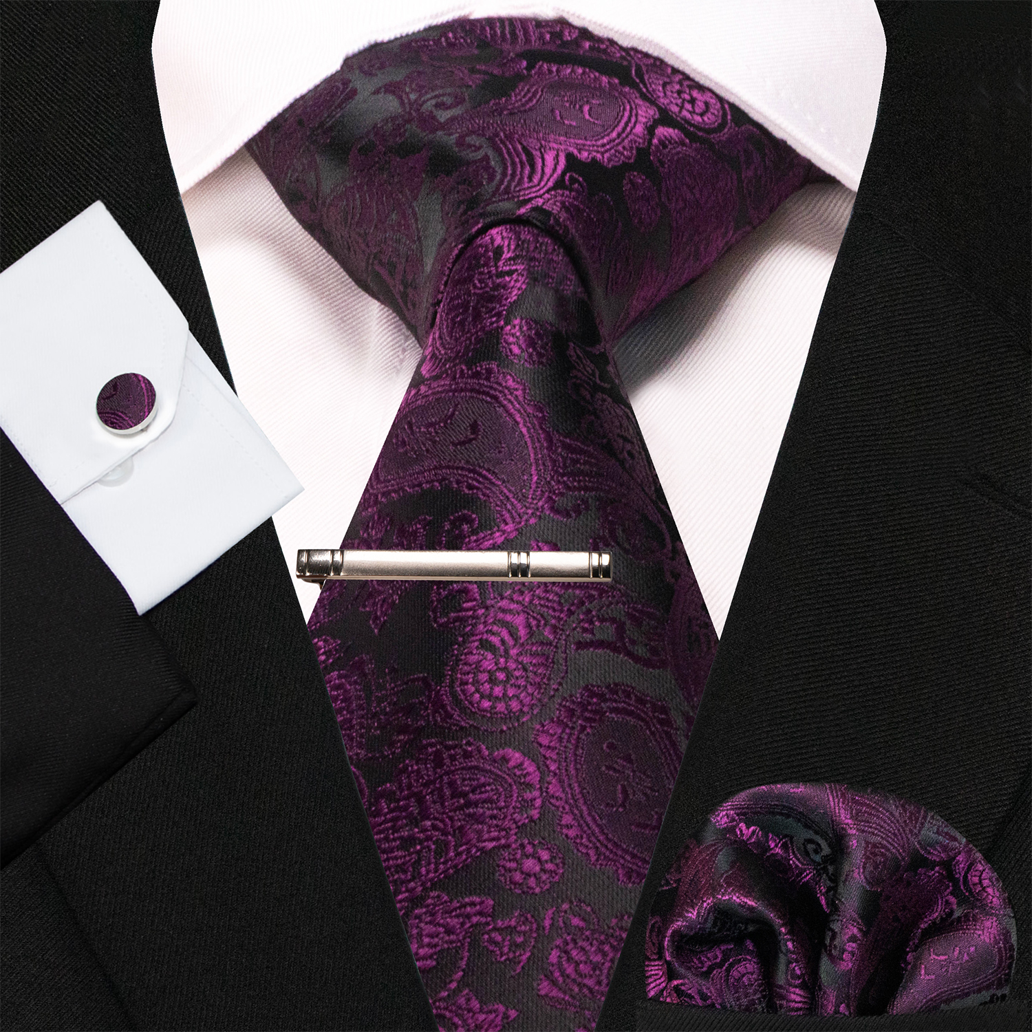 Corbatas de Cachemira azul y verde para hombre, corbata de seda de lujo de 8cm de ancho, gemelos cuadrados de bolsillo, conjunto de clips de corbata, de Navidad para hombre: Morado