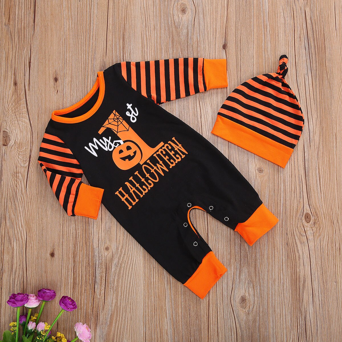 Focusnorm herfst kinderen meisjes jongens rompers mutsen halloween pompoen print lange mouwen gestreepte jumpsuits feestoutfits