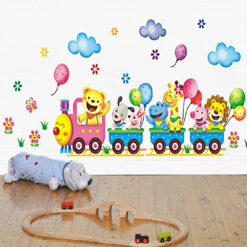 cartoon animal train balloon children's room kindergarten decoration wall stickers background wall stickers