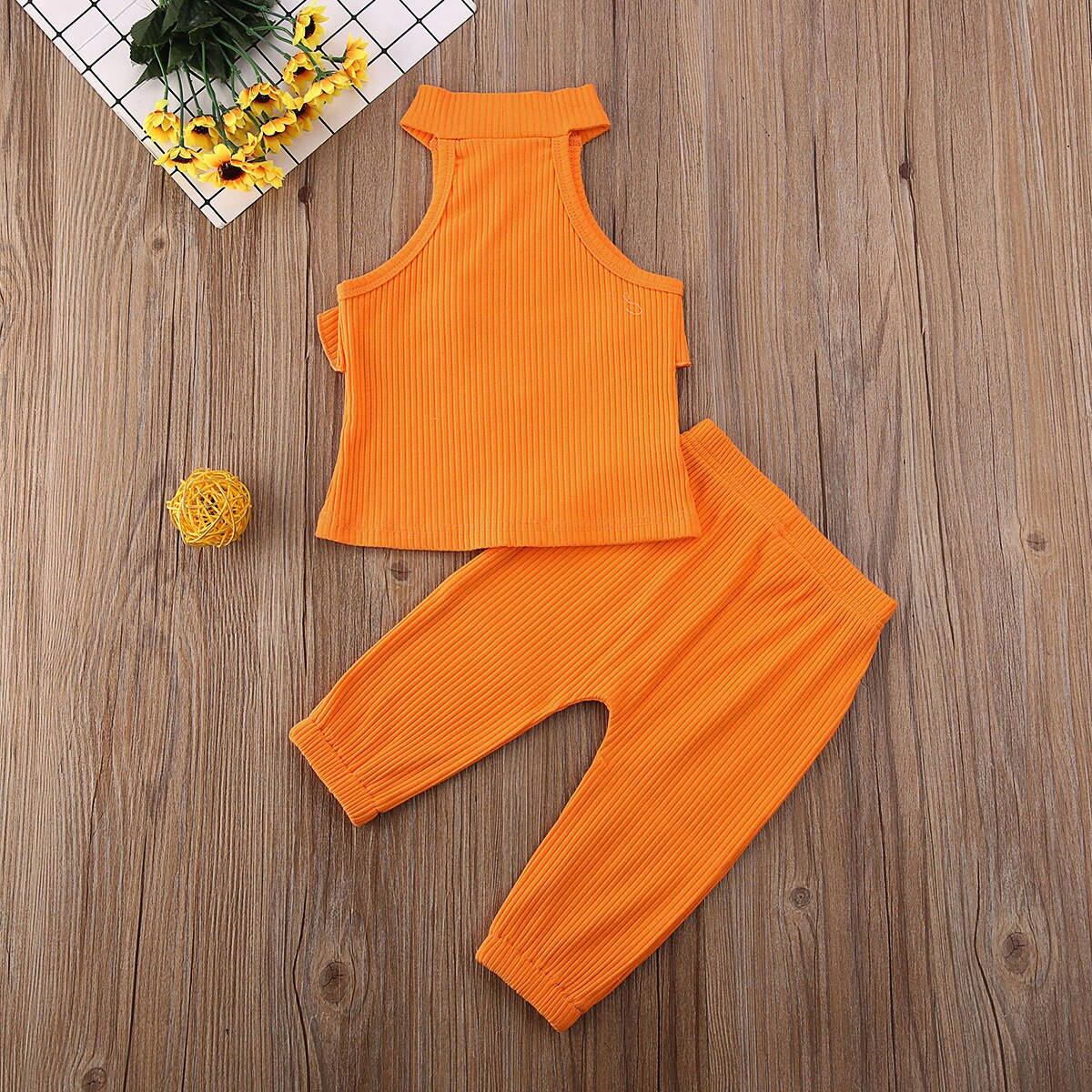 Pudcoco Del Bambino Del Bambino Vestiti Della Ragazza Senza Maniche di Colore Solido Dell'increspatura Della Maglia Magliette e camicette Pantaloni Lunghi 2Pcs Outfit Lavorato A Maglia Vestiti di Cotone Set