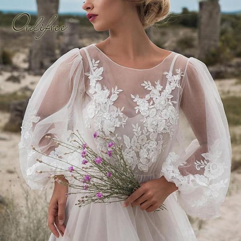 Ordifree sommer kvinner lang tyll kjole langermet broderi bryllup kall sexy hvit blondere maxi tunika strandkjole
