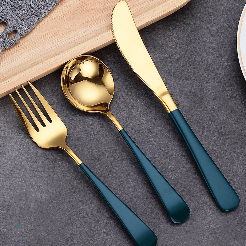 Tableware Stainless Steel Cutlery Set Kitchen Knives Forks Spoons Set Luxury Dinnerware Set Dinner Wedding Mirror Black Cutlery: Green gold
