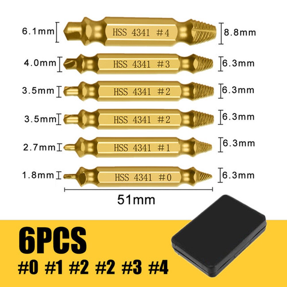 Double-Head Screw Extractor Set Broken Bolt Remover Easy Stripped Broken Rusted Unscrew Deck Screws: E 6PCS