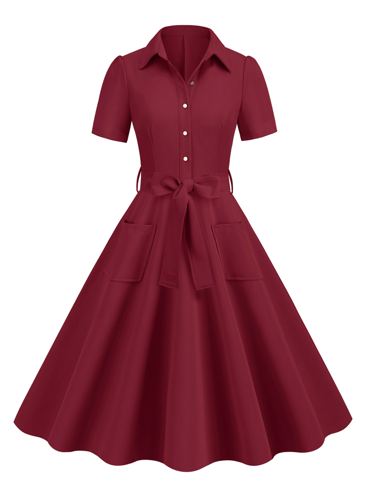 Tonval Marineblau Jahrgang Aufstecken Kleid Baumwolle lange Kleider Frauen Knopf oben Gürtel Rockabilly schwingen Kleid: S / Burgunderrot