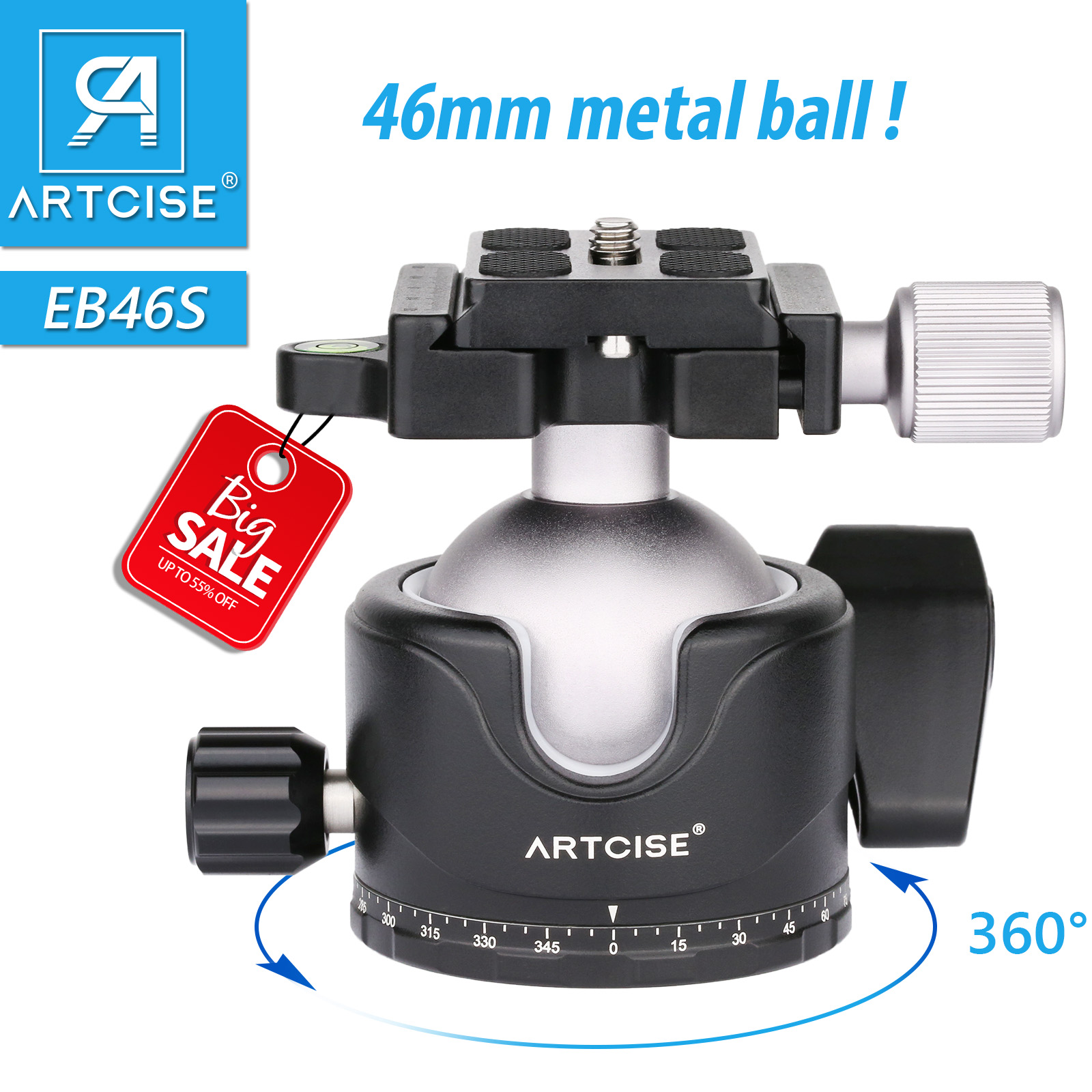 Updated EB46S Metal Tripod Ball Head Low Profile Tripod Head Panoramic Lower Gravity Center Max Load 25kg/55.1lbs