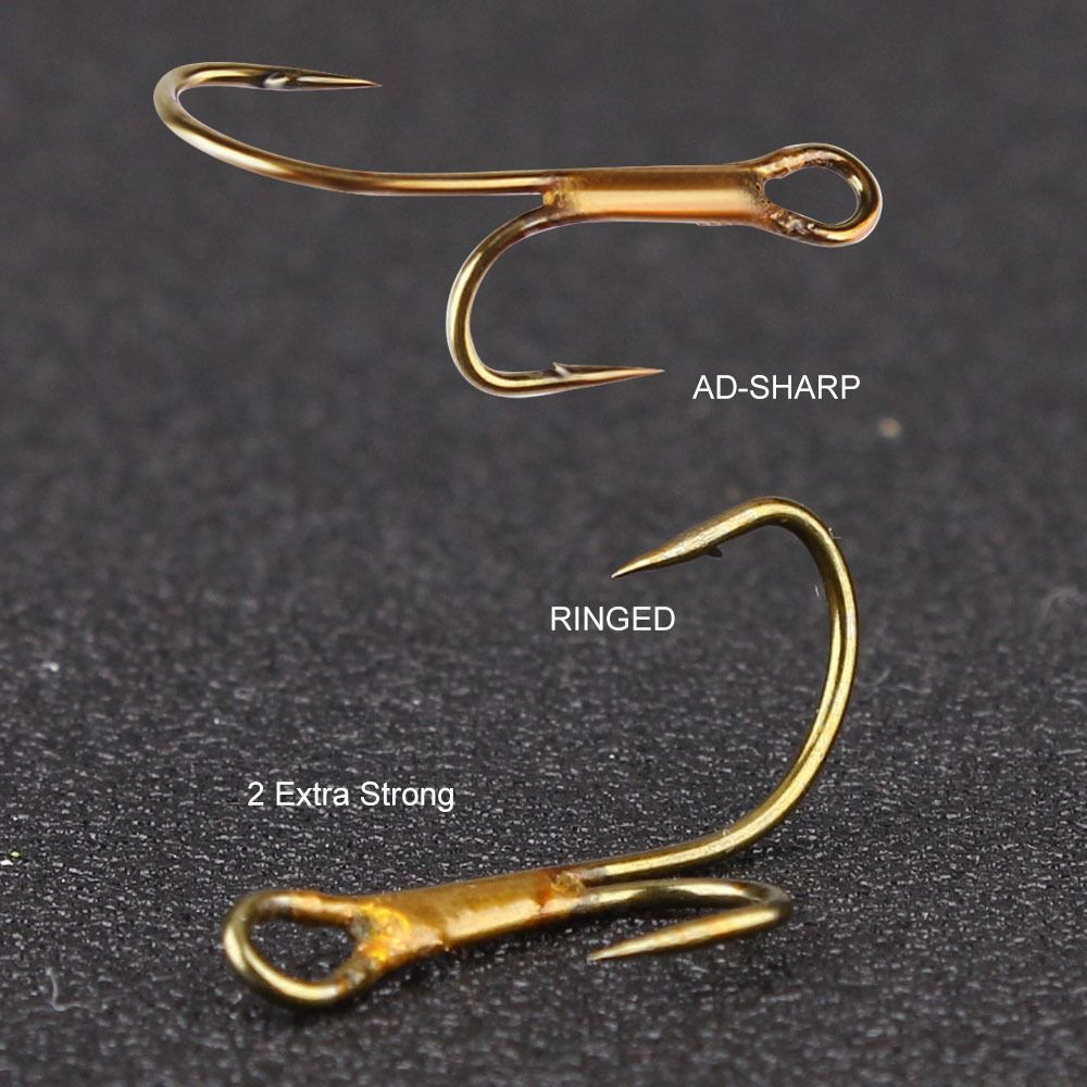 Hameçons de pêche doubles dorés barbelés, appâts de fréquence pour brochet Ryder, stade de prédateurs, hameçon double pour perche à truite, sandre annelé, 20 pièces