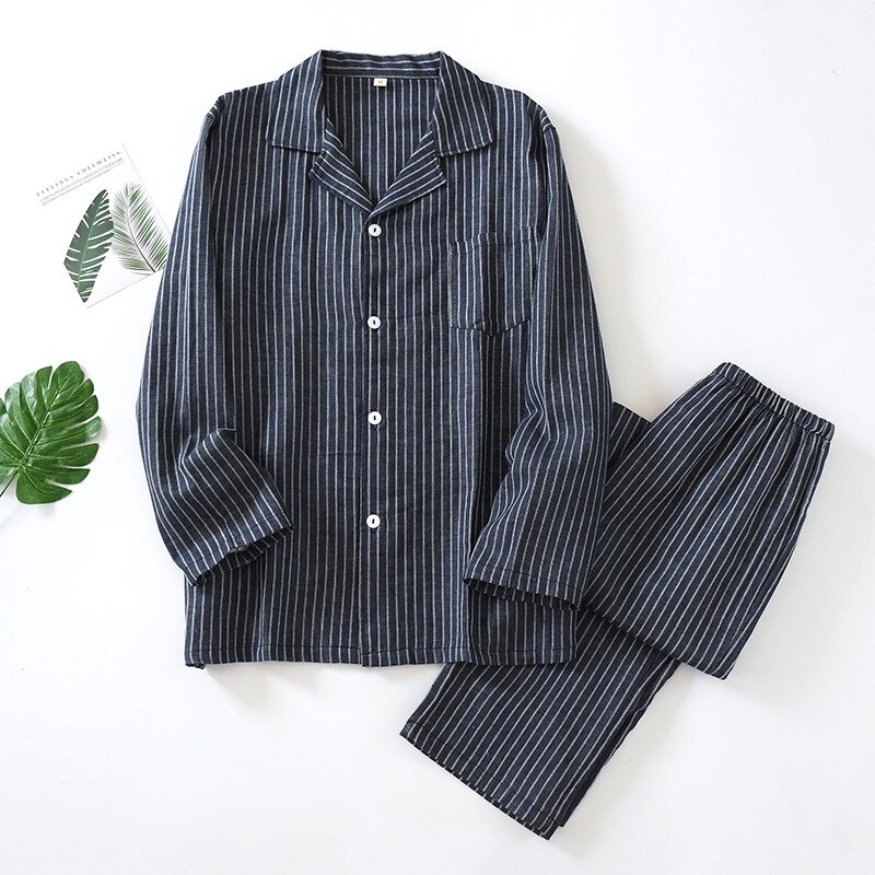 Men Vertical Striped Sleepwear Long Sleeve Gauze Mens Pajamas Plus Size Simple Cotton Nightwear 2 Piece Lounge Set Home Clothes: Cyan / M