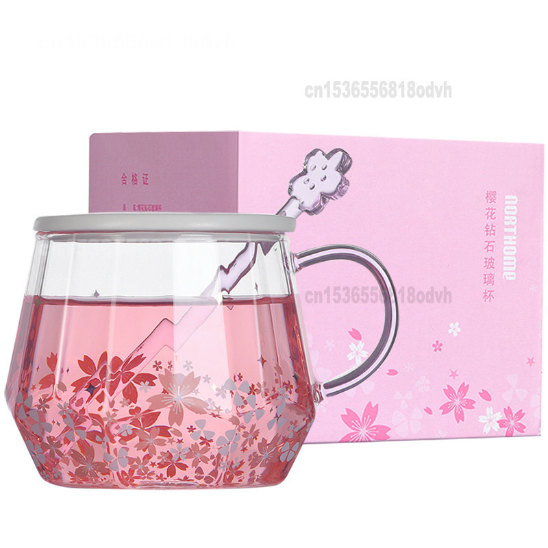 Sakura diamantkopp glas vattenkopp med handl rosa söt omrörningskopp kaffe klart glas