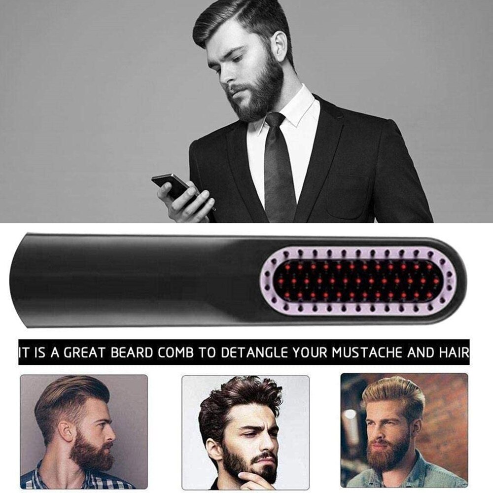 Skjegg rettetang for menn styler kam multifunksjonell trådløs usb hår rettebørste trådløs hår rettetang skjeggbørste