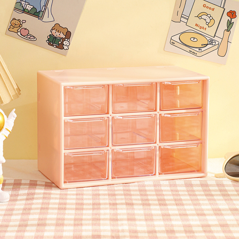 9 Grid Desktop Storage Organizer Boxes Transparent Small Drawer Partitioned Student Desk Wall-mounted Sundries Storage Box: Pink