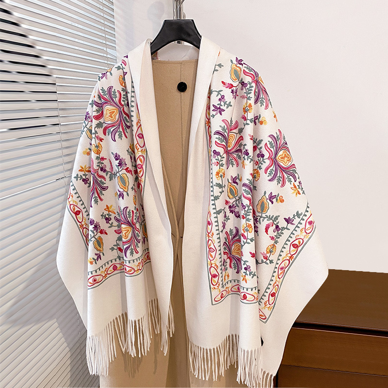 Luxo de alta qualidade bordado cachecol elegante feminino inverno grosso quente pescoço pashmina longa franja cachecóis senhora cobertor xale macio
