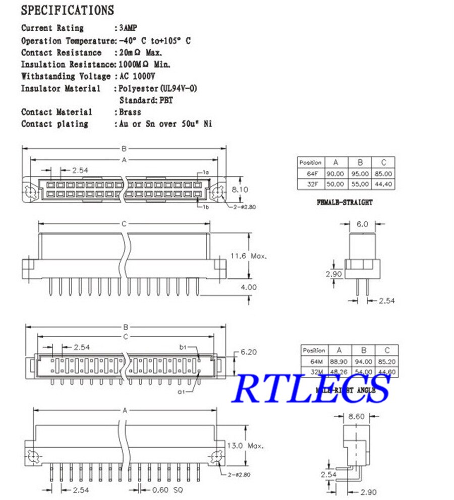 5 pcs DIN 41612 Din Header Connector Dual Row 64 Pin Male Pins Straight Through Hole PCB Solder 2x32 64 Pin