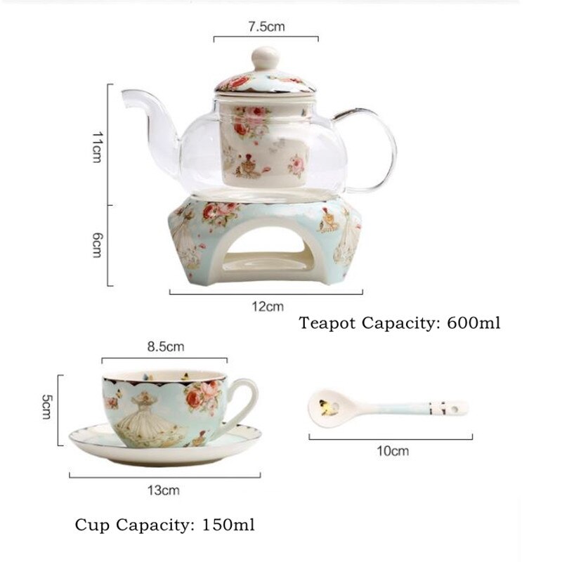 Romantic Household Flower Tea Teaware Coffee Set Heatable Base Tea Stove Glass Teapot Ceramic Coffee Cup Saucer Spoon Set