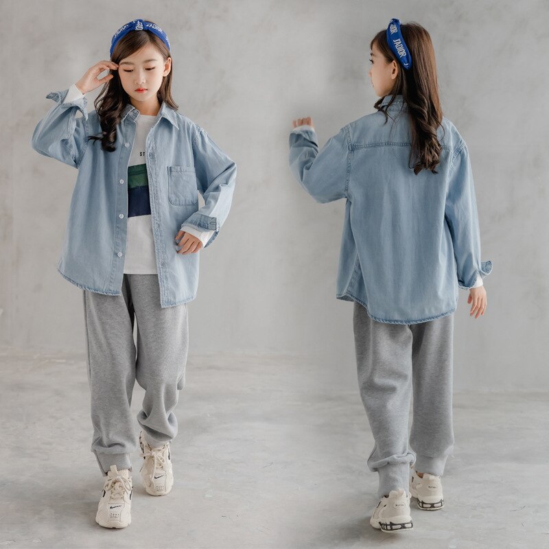 Blusa de manga larga para niña adolescente, camisa azul vaquera a la para niño, Tops holgados informales que combinan con todo, prendas de vestir exteriores 12 13 14 años