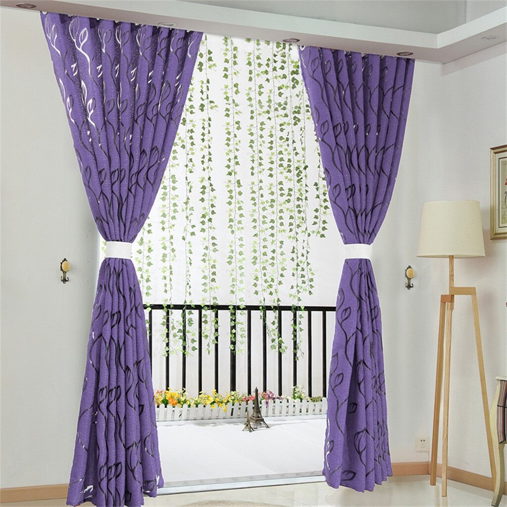 1 Pcs Vines Leaves Tulle Door Window Curtain 100x130cm Drape Panel Sheer Scarf Valances Fly Curtain For Door Beads #LR1: Purple