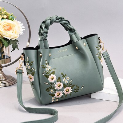 Weave handle Floral PU Leather Embroidery Women Handbags Brand Ladies Bag Shoulder White Female Handbags: Light Green