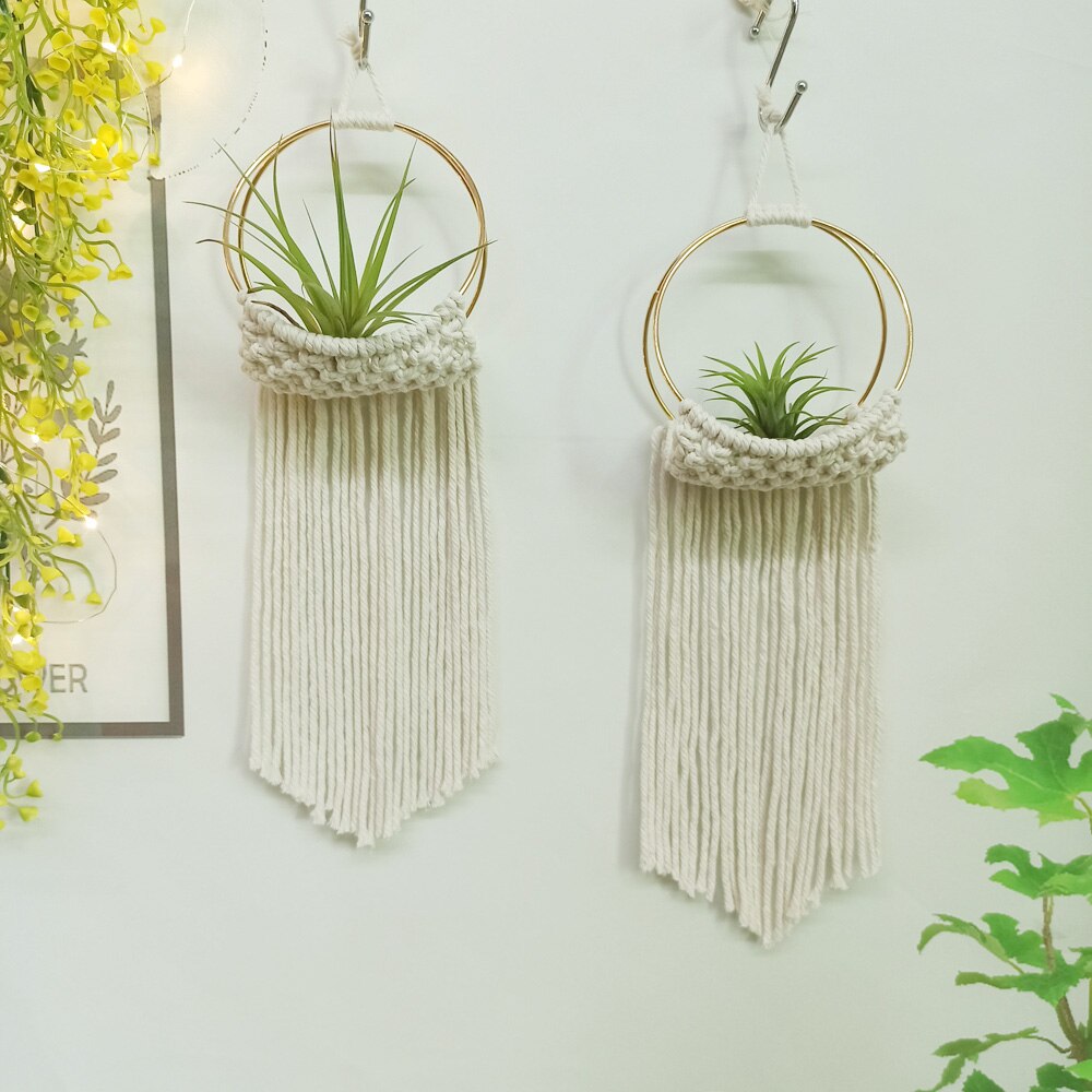 Soporte de macramé para plantas de aire, colgador para plantas de aire bonitas, Mini plantas suculentas, Tillandsia y plantas artificiales, tapiz de pared para decoración del hogar