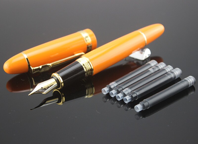 JINHAO 159 0.7 mm Nib Metal Fountain Pen Black Lacquer Gold Trim Big Heavy signature Business office ink black Refill: E / Bent Nib 1.0MM