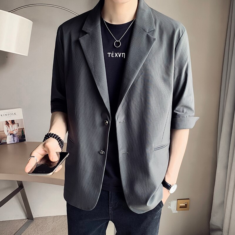 Summer Half Sleeve Blazers Men Striped Leisure British-style Trendy All-match Simple Korean Suit-tops Male Chic Daily Streetwear
