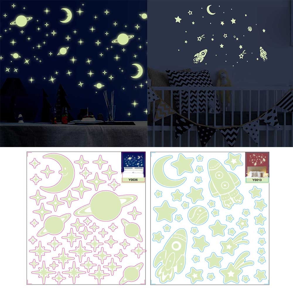 2 ark glødende i mørket planet stjerner måner væg klistermærker mærkater lysende loftdekorer til børn børn dreng pige værelse
