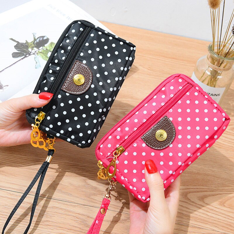 Women Wallet Cute Dot Canvas Three Zipper Multi-layer Fabric Mobile Phone Bag Female Clutch Pouch