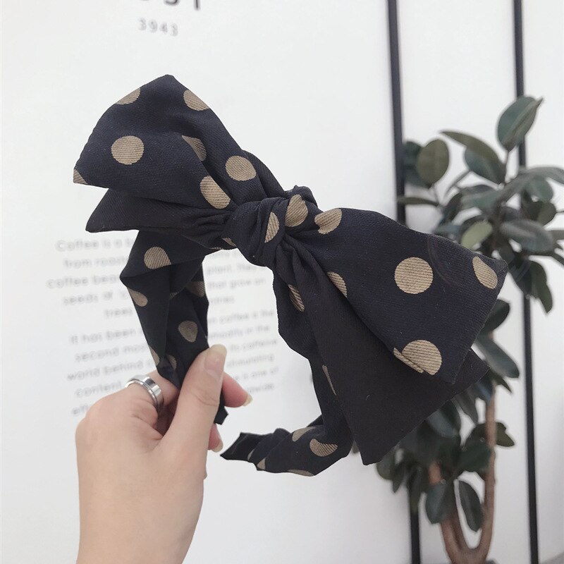 South Korea Style Autumn And Winter Flannel Polka Dot Contrast Color Double Layer Bow Large Rims Hair Bands Headband Pressur: Black