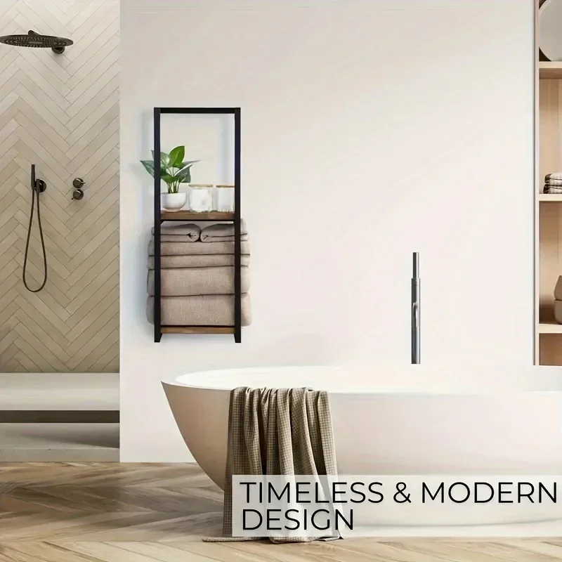 Wall Mount Towel Storage Rack with Wooden Shelves Towels Bathroom Holder Shelf