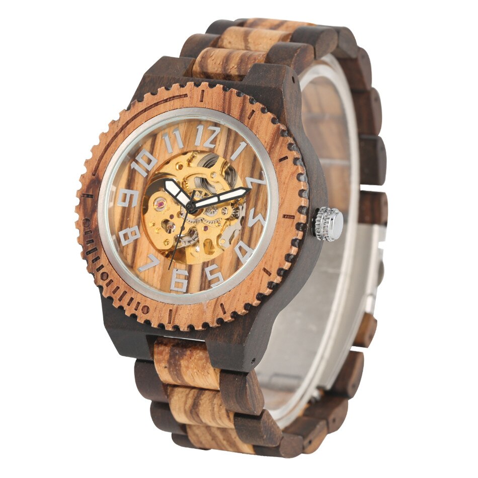 REDFIRE reloj masculino Automatic Mechanical Wood Watches Classic Arabic Numerals Natural Gear Surface Wood Mens Watches: black brown wood