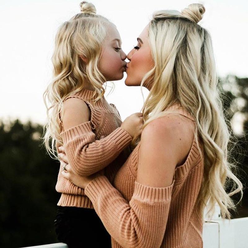 Family Matching Sweater Mother and Daughter Outfits Mom Women Girls Dress Sweater Off Shoulder Long Sleeve Kintwear Outfits