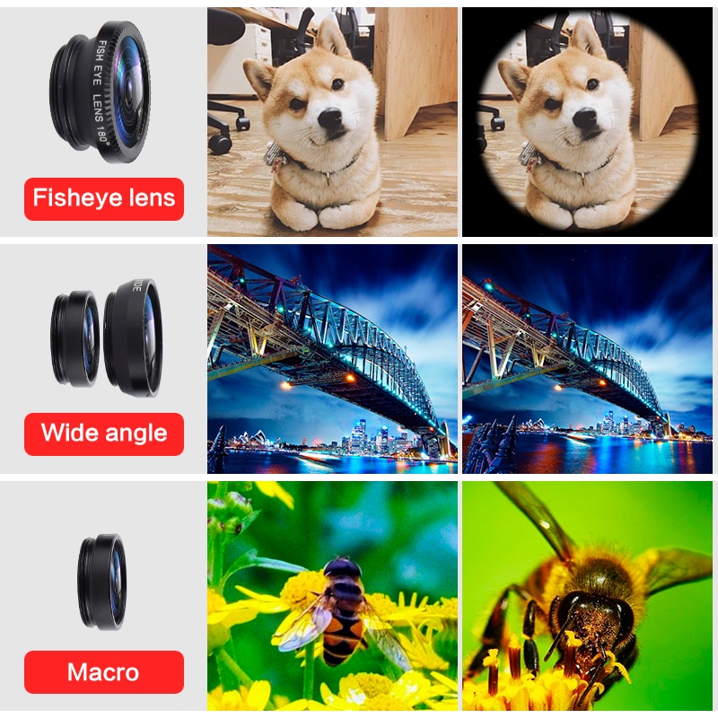 Mobile Phone Clip Lens Fisheye Lens 3 In 1 Lenses Wide Angle Lens Camera Macro for IPhone Xiaomi Huawei Lenovo