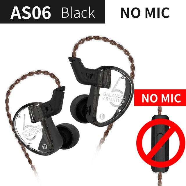 KZ AS06 3BA Balanced Armature In Ear Earphone HIFI Running Sport Earphones Earplug Headset KZ ZS10 ZSX ZST AS16 ZSN ZSTX V90 BA5: black no mic