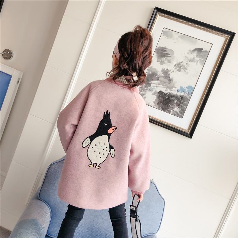 Kinderkleding meisjes dikke wollen jas herfst en winter pinguïn borduurwerk kinderkleding wollen meisjesjas