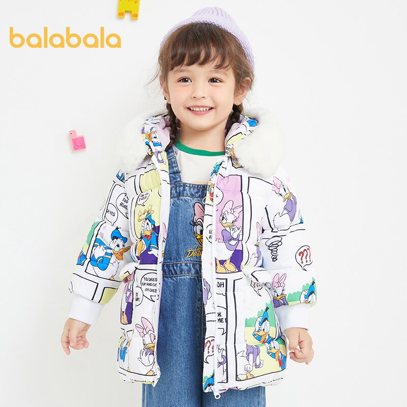 Balabala Girl cotton jacket winter children fur collar warm jacket casual hooded down jacket