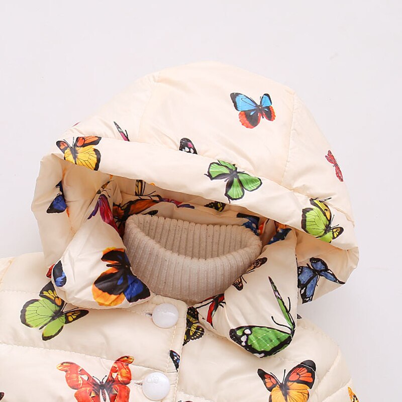 Sodawn babyjakke efterår vinter toddler bomuldstøj europæisk amerikanske piger sommerfugletrykning hætteklædt børnejakke