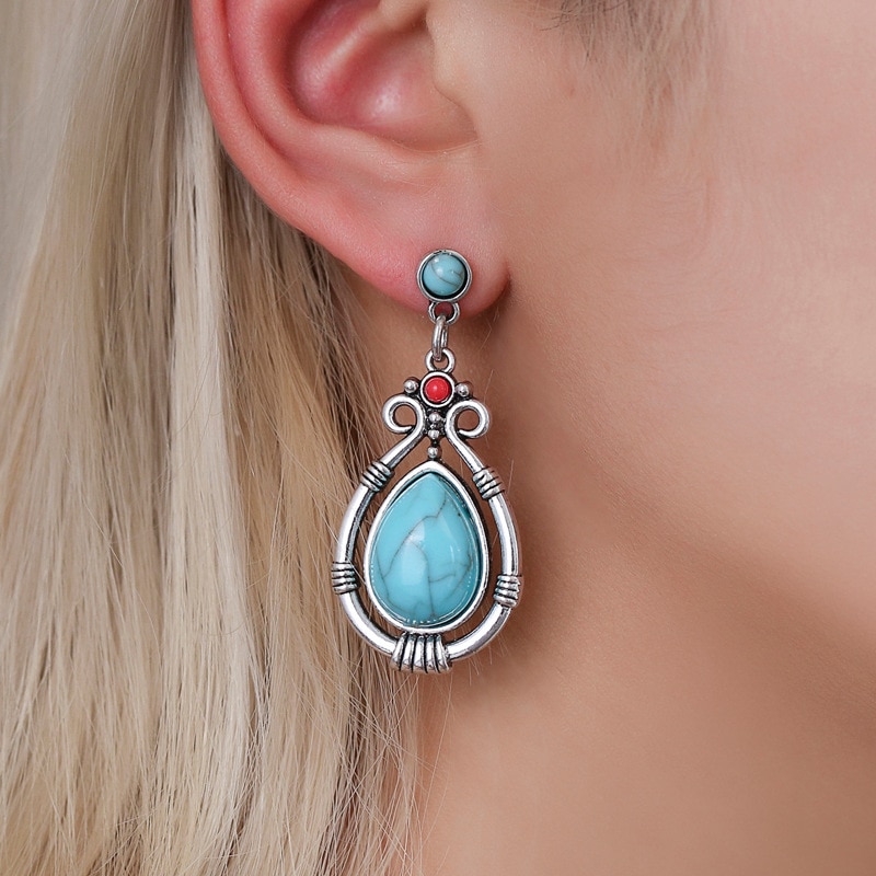 Modyle Vintage Tibetischen Silber Natürliche Türkisen Verkrustete Ohrring Blau Stein Wasser Tropfen Baumeln Ohrringe für Frauen Boho