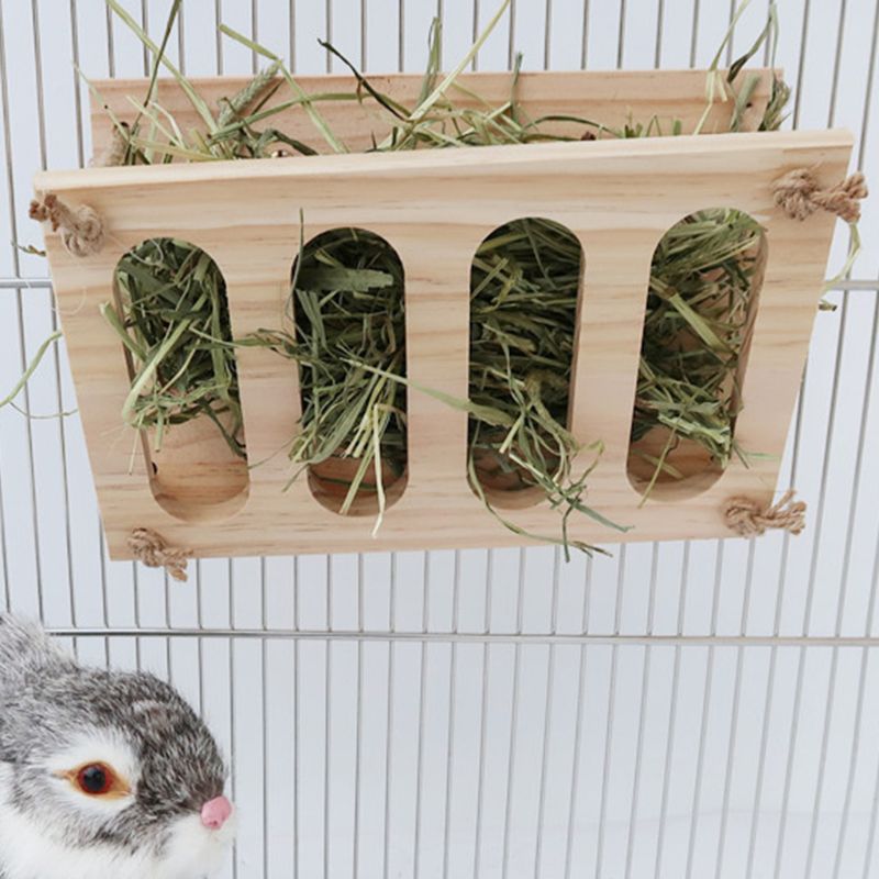 Solid Wood Rabbit Feeding Hay Rack Multifunction Foldable Top Shelf 4 Grids
