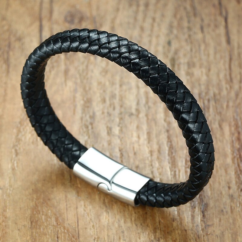 ZORCVENS 12mm Braided Leather Men's Bracelet Magnet Clasp Casual Male Woven Wrap Retro Bangle Stainless Steel Gents Wristband: Silver Plated / 19cm