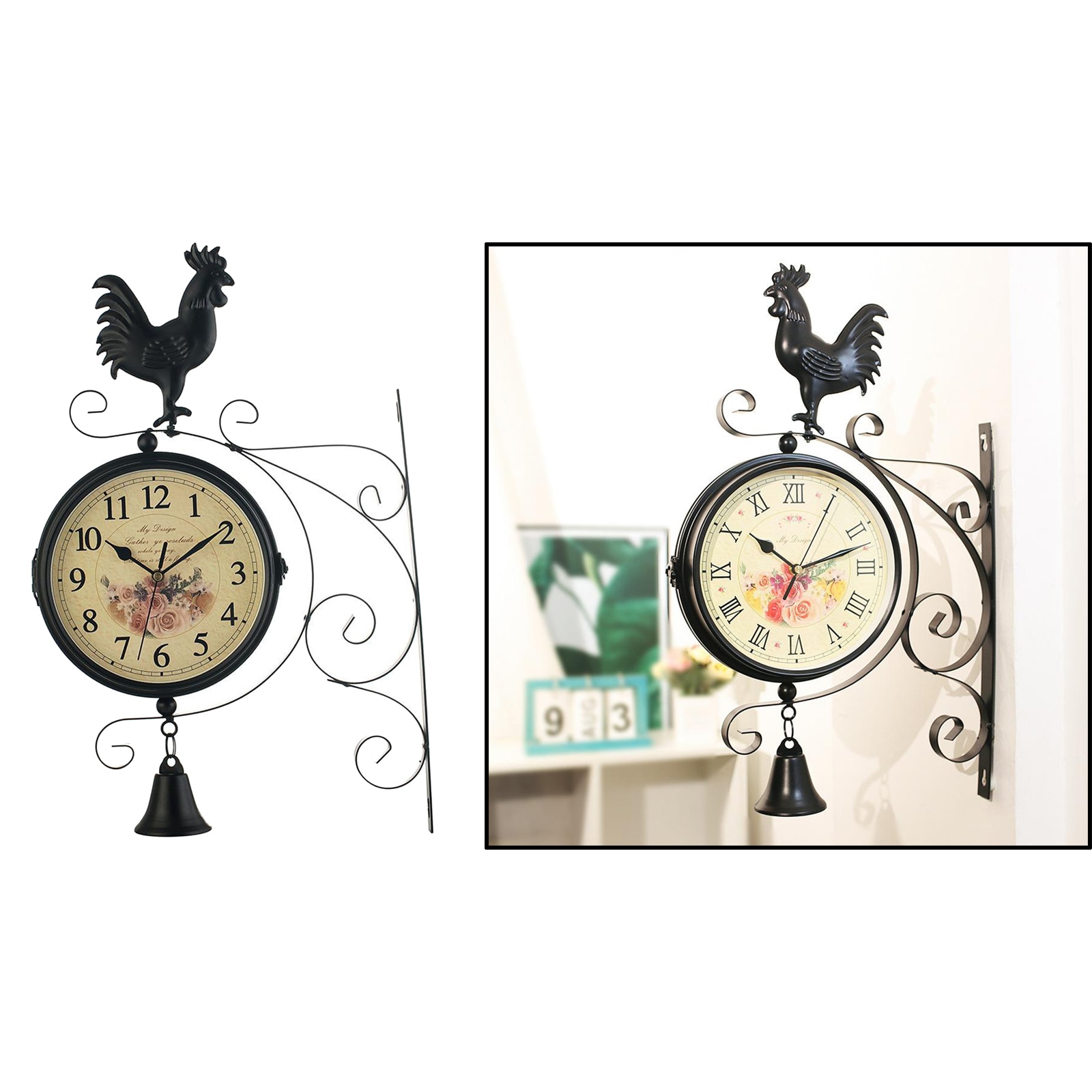 Outdoor Garden Clock Weatherproof Retro Station Wall Clock Double Sided with Outside Bracket 31x50cm