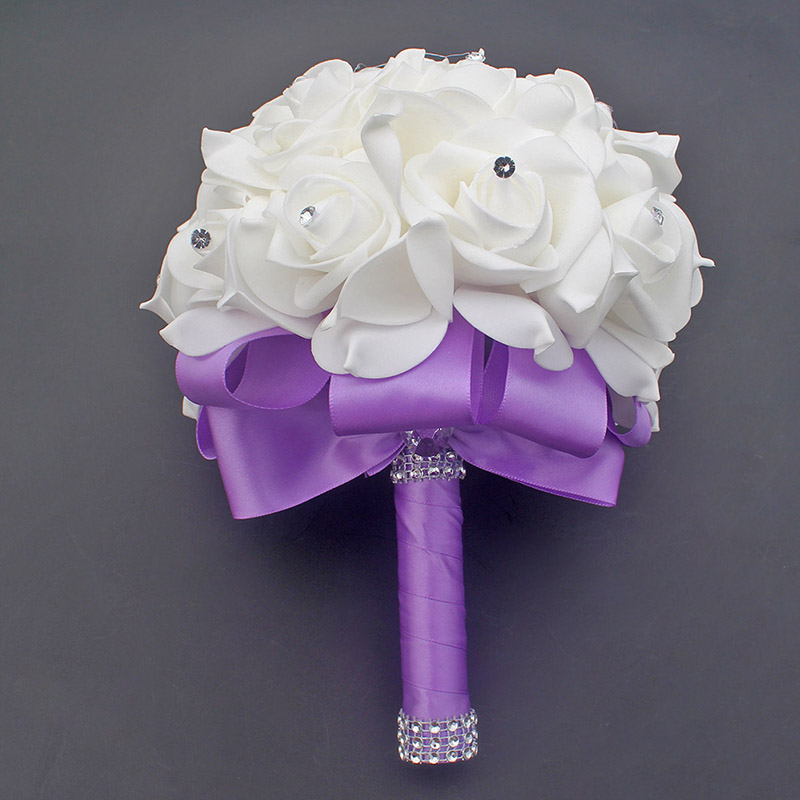 Tanie Prom Baby Blue broszka z kwiatem bukiet ślubny De Mariage bukiety ślubne PE róża diamentowa wstążka bukiet W2017D: middle purple D